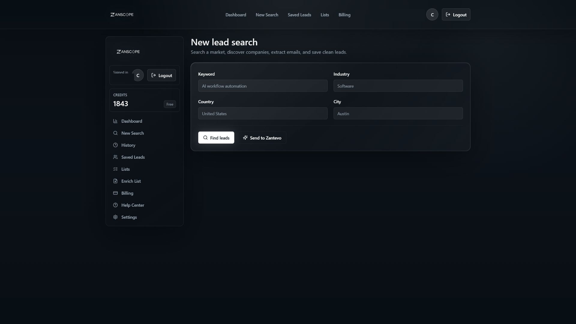 ZanScope lead search interface